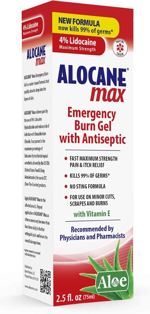 Alocane Max Emergency Burn Gel, 4% Lidocaine Hydrochloride, Antiseptic Kills 99% of Germs, Maximum Strength Pain and Itch Relief, for Sunburns, First Aid Burn Gel with Aloe Vera– 2.5 fl oz