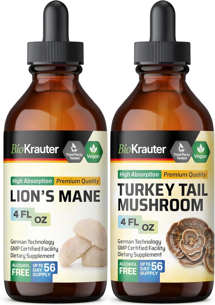 BIO KRAUTER Lion's Mane Tincture 4 Fl. Oz.&トルコテールマッシュルーム 4 Fl. Oz.
