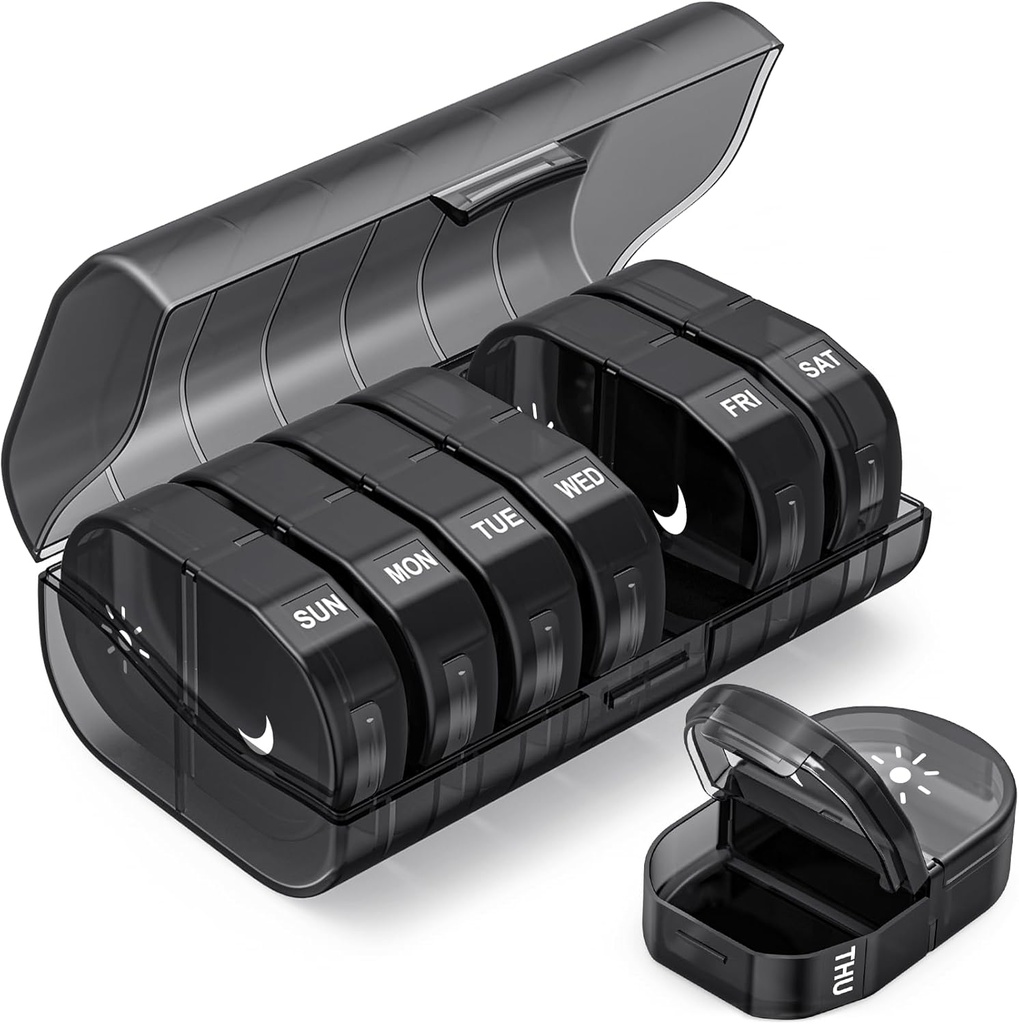 PULIV週刊ピルオーガナイザー2日、大容量ピルボックスケース7日簡単オープン、ビタミン、薬効、サプリメント、魚油のためのプライバシー保護付きAM PMメディテーションオーガナイザー