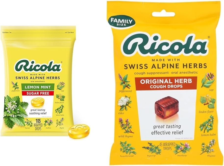 Ricolaの砂糖の自由なレモン ミントの草の咳の抑制剤の喉の低下、105ct袋及び元の自然なハーブの咳の抑制剤の喉の低下、45の低下、自然に咳を戦う