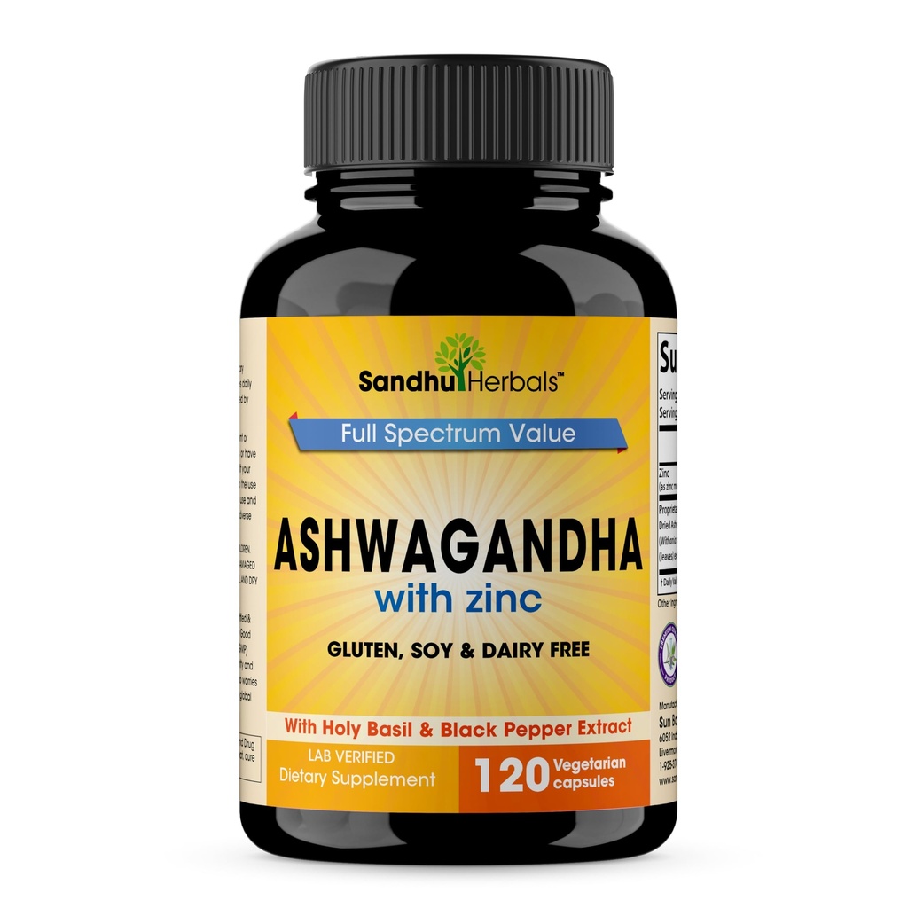 SANDHUHERBALS Sandhu Herbals Ashwagandha Supplement|120 オーガニック4 1カプセル、1カプセル、2ヶ月の供給|亜鉛、黒胡椒&ホリールエキス|サポート免疫健康|非GMO