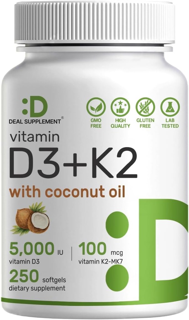 DEAL SUPPLEMENT ビタミン D3 5,000 IU + K2 MK7 100mcg Softgels | 2in-1 バージンココナッツオイルと複合体 | 心、骨、歯、免疫の健康をサポート | 飲みやすい