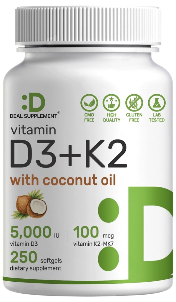 DEAL SUPPLEMENT ビタミンD3 5,000 IU + K2 MK7 100mcg Softgels | 2in-1 Complex with バージンココナッツオイル | 心、骨、歯、免疫の健康をサポート | 飲みやすい