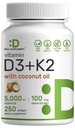 DEAL SUPPLEMENT ビタミンD3 5,000 IU + K2 MK7 100mcg Softgels | 2in-1 Complex with バージンココナッツオイル | 心、骨、歯、免疫の健康をサポート | 飲みやすい