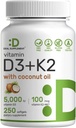 DEAL SUPPLEMENT ビタミンD3 5,000 IU + K2 MK7 100mcg Softgels | 2in-1 Complex with バージンココナッツオイル | 心、骨、歯、免疫の健康をサポート | 飲みやすい