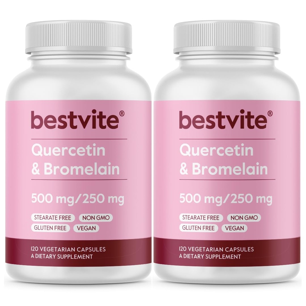 BESTVITE Quercetin with Bromelain 500mg/250mg (240 ベジタリアンカプセル) (120 x 2) - No Stearates - No Silicon Dioxide - ビーガン - 非GMO - グルテンフリー