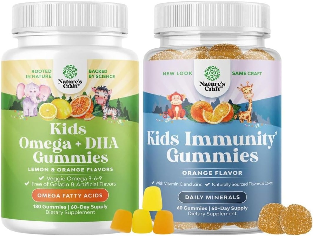Bundle of Omega DHA Gummies for Kids - Fatty Acids Omega 3 6 9 with Vitamin C for Brain, Immunity & Vision and Kids Immunity Support Gummies - Delicious Vitamin C with Zinc & Echinacea Immune Booster