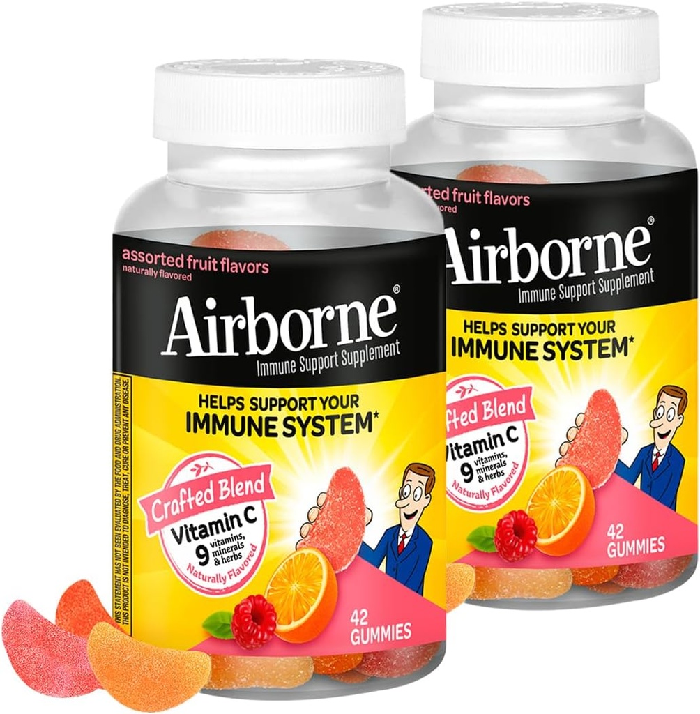 Airborne 750mg Vitamin C Immune Support Supplement Gummies for Adults, Assorted Fruit Flavor, Gluten Free Crafted Blend with Powerful Antioxidants Vitamins A C & E, 42 Gummies (2 Pack)