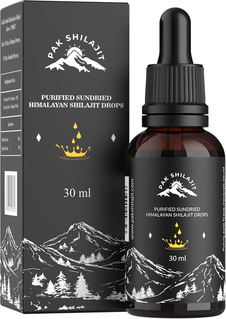 PakShilajit®太陽乾燥ヒマラヤシラジット液滴、ほとんどのプレミアム&オーガニックゴールドグレードのシラジットドロップ17000FT(30MLパック)、フルヴィク酸ヒューム酸ナチュラルサプリメントで豊富