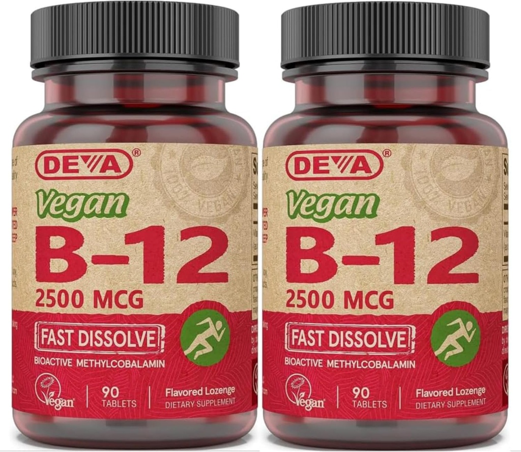DEVA Vegan Vitamins B-12, High Potency 2500 mcg B12, Fast Dissolve, Sublingual, 90 Tablets (Pack of 2)