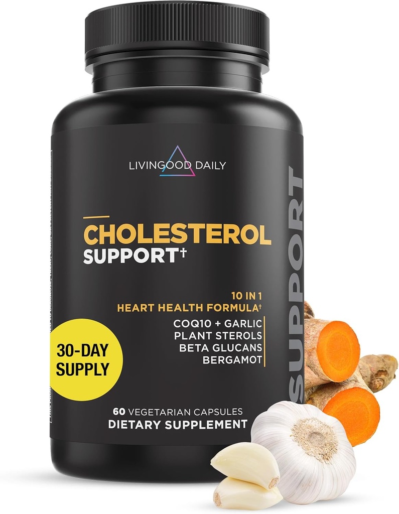Livingood Daily Cholesterol Support Supplement with Garlic, CoQ10, Vitamin E, Bergamot, Plant Sterols for Body and Heart Health Support, Supports LDL and Triglycerides, Gluten Free, Vegan, 60 Capsules