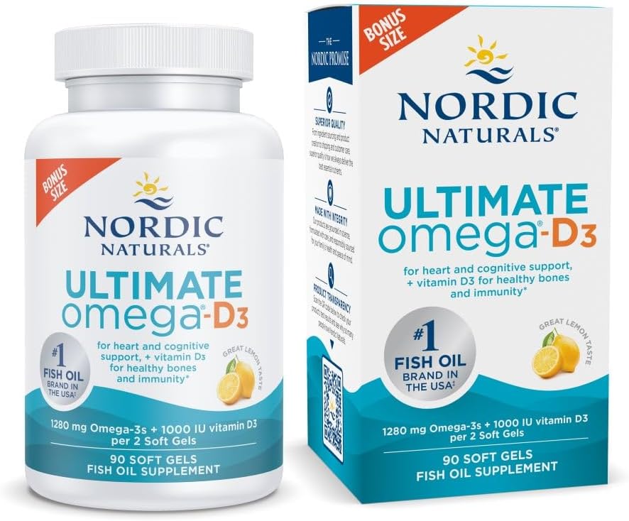 Nordic Naturals Ultimate Omega-D3、レモンフレーバー - 90 ソフトジェル - 1280 mg Omega-3 + 1000 IU ビタミンD3 - EPA&DHA - 脳、心臓、免疫の健康を促進 - 45 サービング
