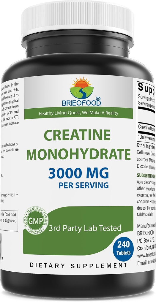 Brieofoodのクレアチンはサービングごとの3000のmgを- 240のタブレット-純度及び質のためにテストされる第3党実験室-助けます改善の運動性能