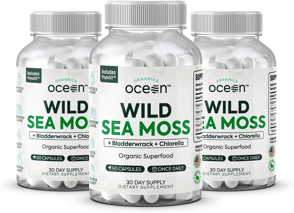 Organics Ocean Wild Sea Moss Capsules - 100% Organic Irish Sea Moss with Organic Chlorella, Bladderwrack and Vitamin D for Energy, Lung Health and Thyroid Support for Women and Men - 3 Bottles