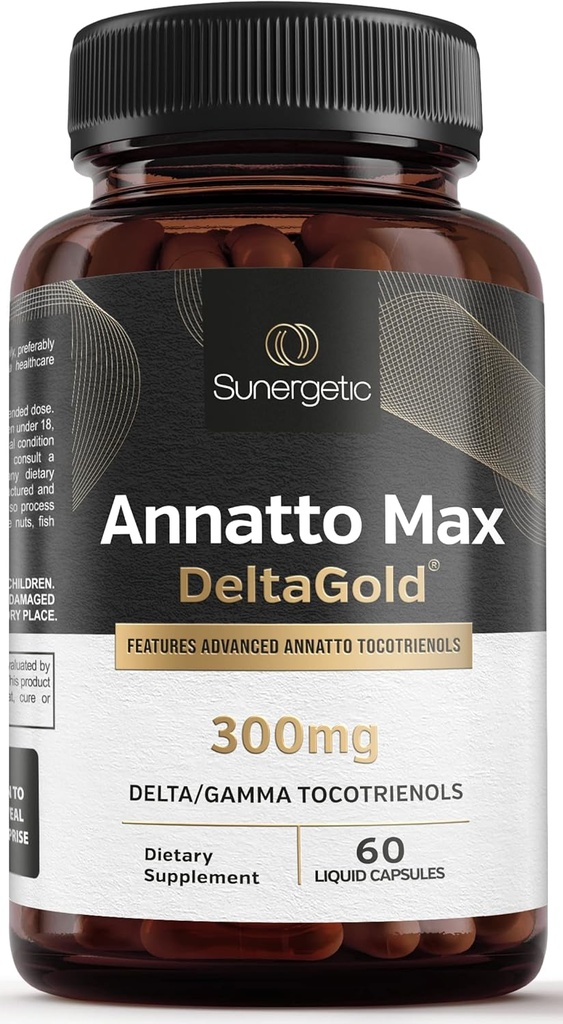 Sunergetic Premium Annatto Tocotrienol Supplement - DeltaGold - Tocotrienols Vitamin E 300mg - 肝臓、免疫、心臓の健康をサポート - デルタ+ガンマトコトリエンロール(60液体カプセル)