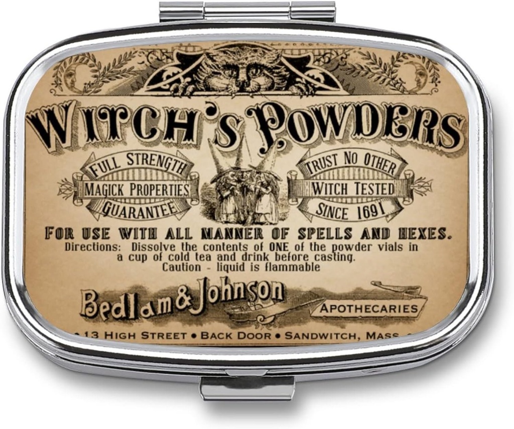 Metal 2 Compartment Pill Organizer Travel Friendly Portable Compact Box to Hold Vitamins/Tylenol/Fish Oil/Supplements/Tablet (Vintage Witch's Powders), 1.97 x 0.79 x 0.39 Inch, 1.0 Count