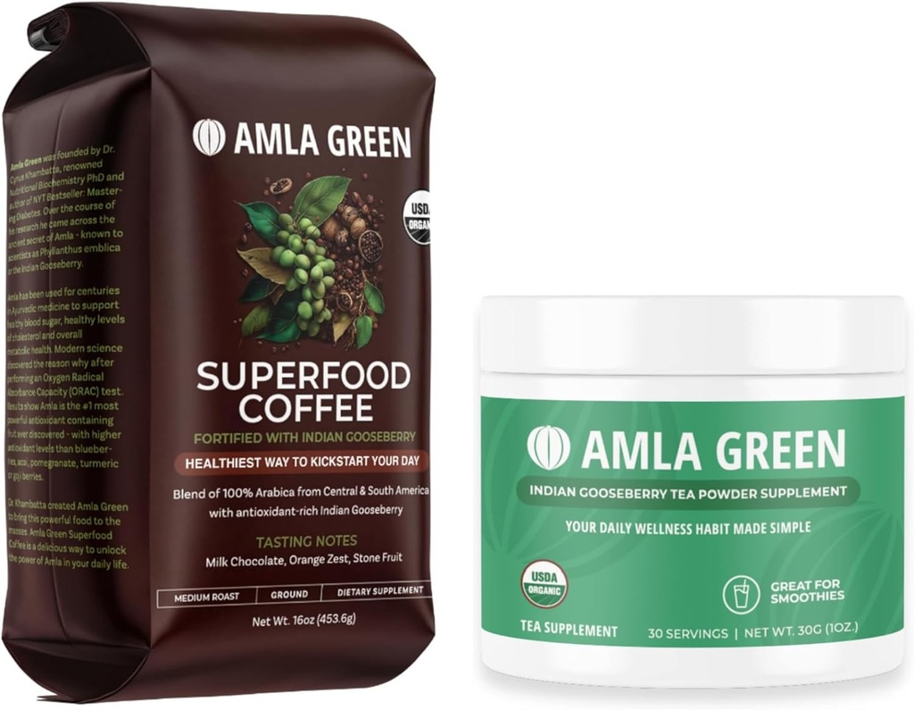 Amlaグリーンオーガニックグラウンドスーパーフードコーヒー、ミディアムローストグルメコーヒー、20X濃縮オリジナルアンマラパワー30サービング