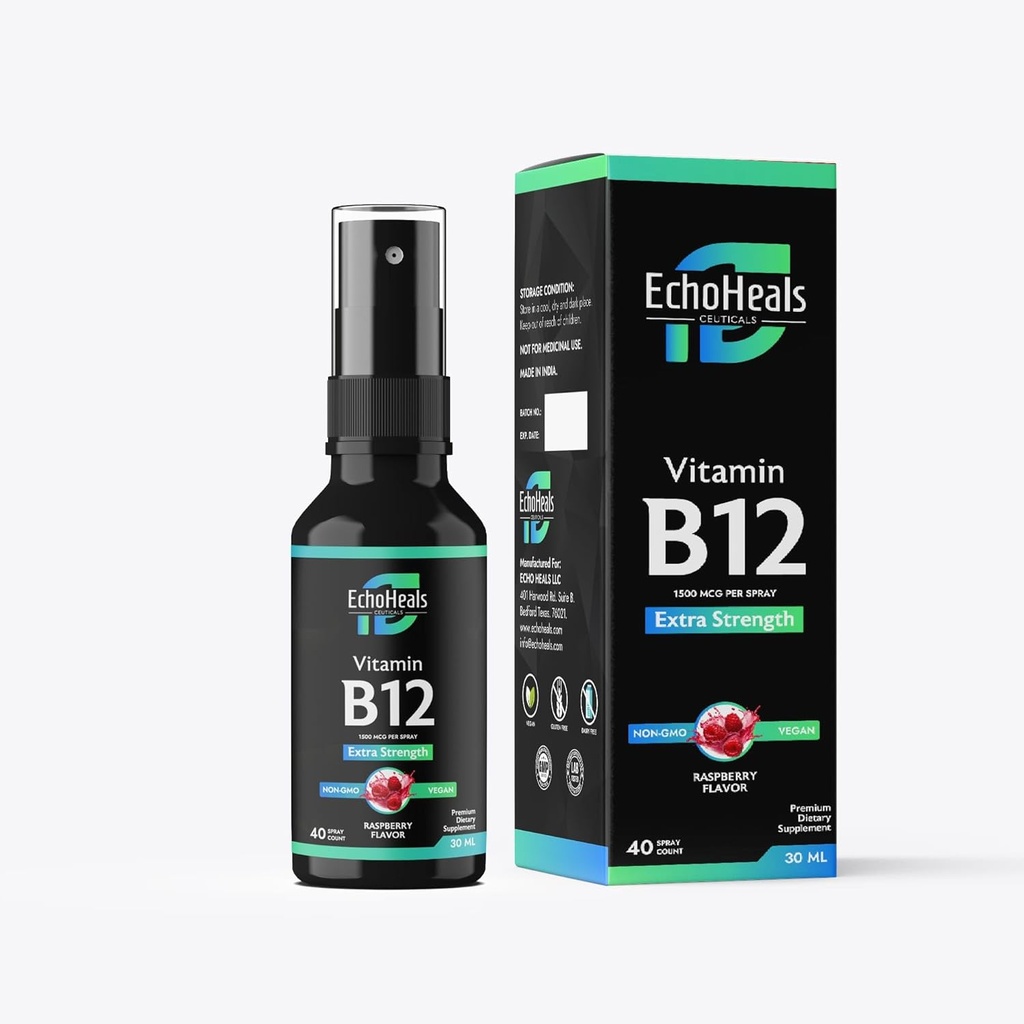 ビタミンB12液スプレー | ビタミンB12 エネルギーサポート | ヴィーガン | ノンGMO | グルテンフリー | 40スプレー | スプレー1本あたり1500mcg | ラズベリー味 | 1本