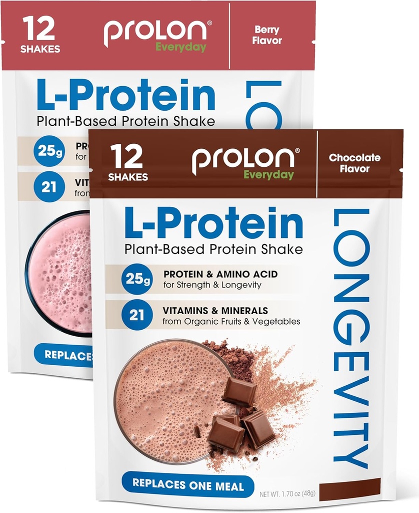 Prolon Longevity Plant Based Protein Powder | Muscle Synthesis & Repair, Healthy Aging, Boost Performance | Vitamins, Gluten Free, Amino Acids | 25g of Protein | Chocolate and Berry, 24 Packets
