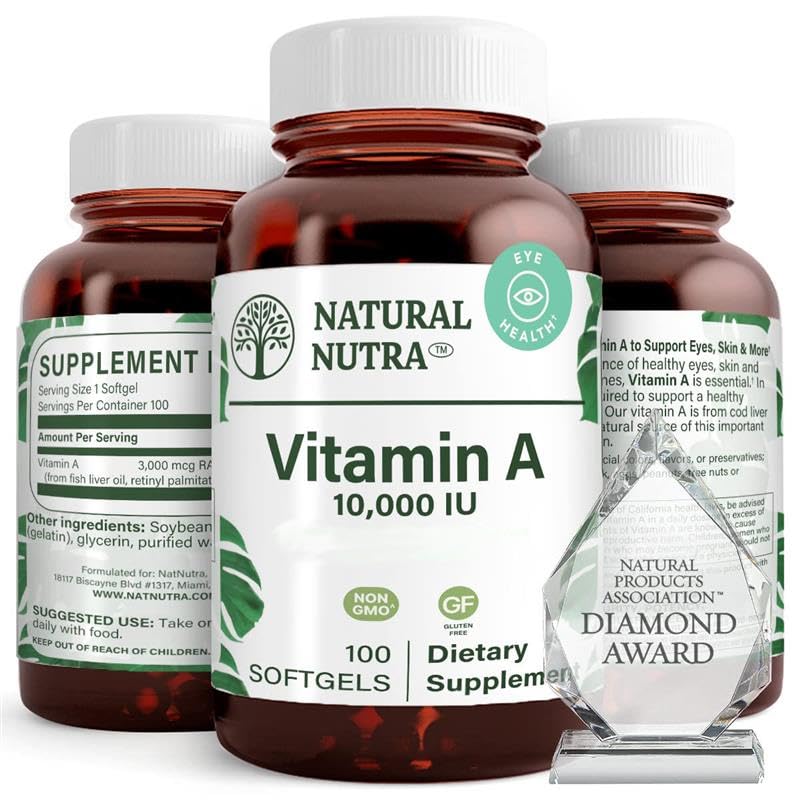 ナチュラルヌトラビタミンA 10,000 IU Softgels - 高効力の目と皮膚のビタミン - グルテンフリー - 視力と皮膚の健康のためのサプリメント - 男性と女性のための魚の肝臓油、グルテンフリー250 Softgels(2パック)