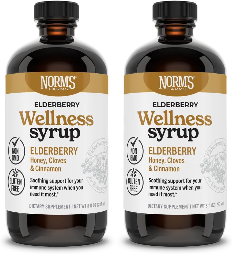 Norm's Farms Wellness ブラック エルダーベリー シロップ with Honey, Cinnamon & Cloves - アメリカ製, ナチュラル 免疫 サポート, いいえ アルコール or フィラー, グルテンフリー, 非GMO, 完全エルダーベリー シロップ - 2PK 8 Oz