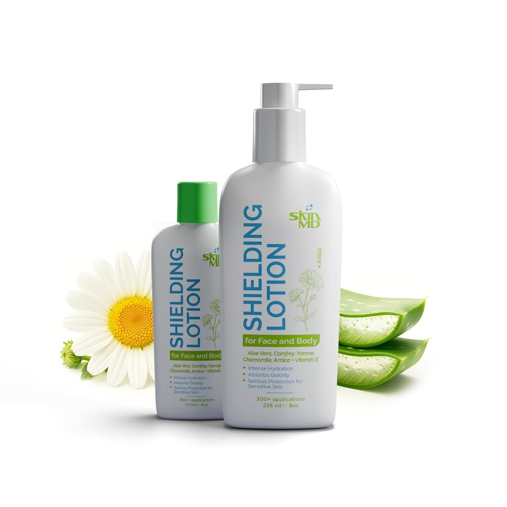 皮膚MDシールドローション - 敏感肌のための水分補給ボディローション | 非脂質、高速吸収保湿剤、乾燥肌に最適なローション、Eczema&乾癬救済(ディスペンサー付き8oz + 4oz)