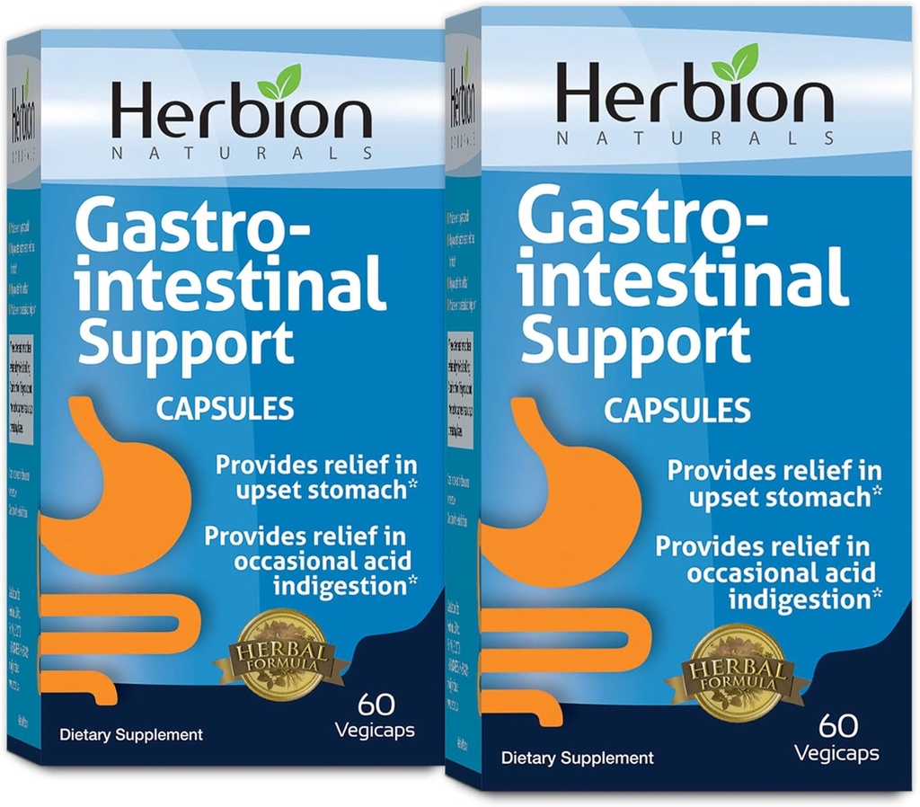 HERBION Naturals Gastro-intestinal Support Herbal Blend for Upset Stomach Relief, Gastrointestinal Health and Function, Occasional Acid Indigestion, Healthy Intestinal Flora, 60 Vegicaps - Pack of 2