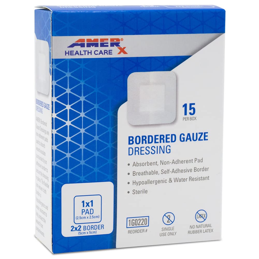 2" x 2"ドレッシング(1x1パッド) AMERX Bordered Gauze - 粘着バンデージ - 防水バリア - 自己接着ボーダー - 通気性、低刺激性 - ボックスあたり15パッド