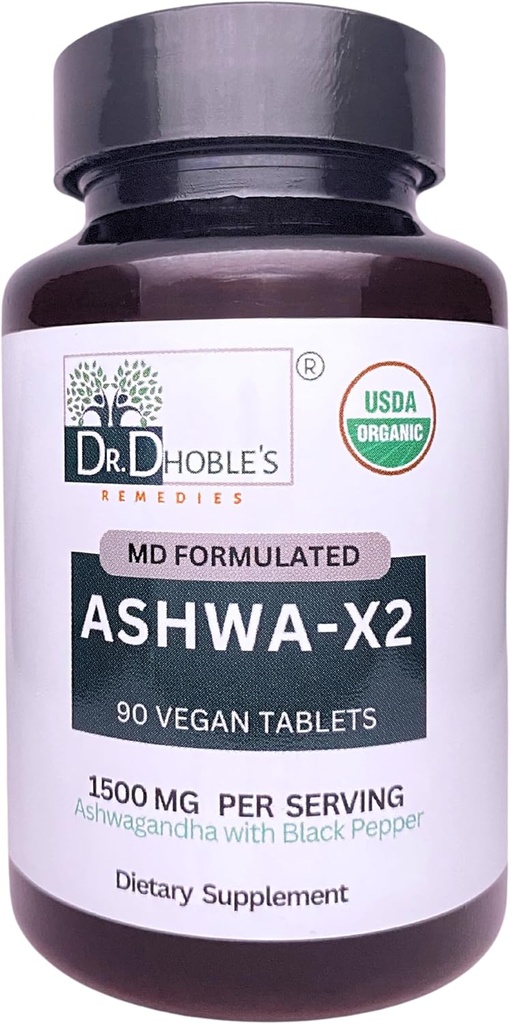 Ashwa X2, 天然成分とMdフォーミュレートビーガン錠 & 生物学的利用率を高めるブラックペッパー, 1500mg, いいえエキス, USDAオーガニック