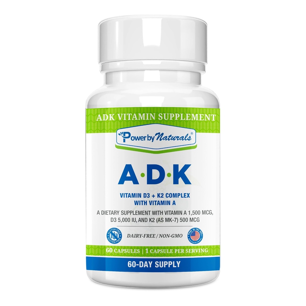 自然による力 ADK のビタミンの補足- VIT A D3 K2 のビタミン 5000 の iu - サポート骨、中心及び免疫の健康 - 60 のカプセル(2 か月の供給)