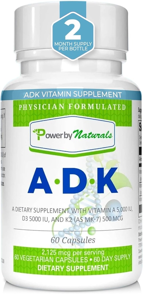 自然による力 ADK のビタミンの補足- VIT A D3 K2 のビタミン 5000 の iu - サポート骨、中心及び免疫の健康 - 60 のカプセル(2 か月の供給)