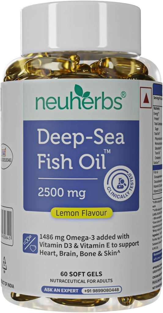 ネウハーブ深海魚油(60 Softgels)オメガ3サプリメントトリプル強度2500 Mg for Muscle、ジョイント、ハート&認知サポート | マン&女性のためのレモン風味の魚介類なし | (パッケージ 1)