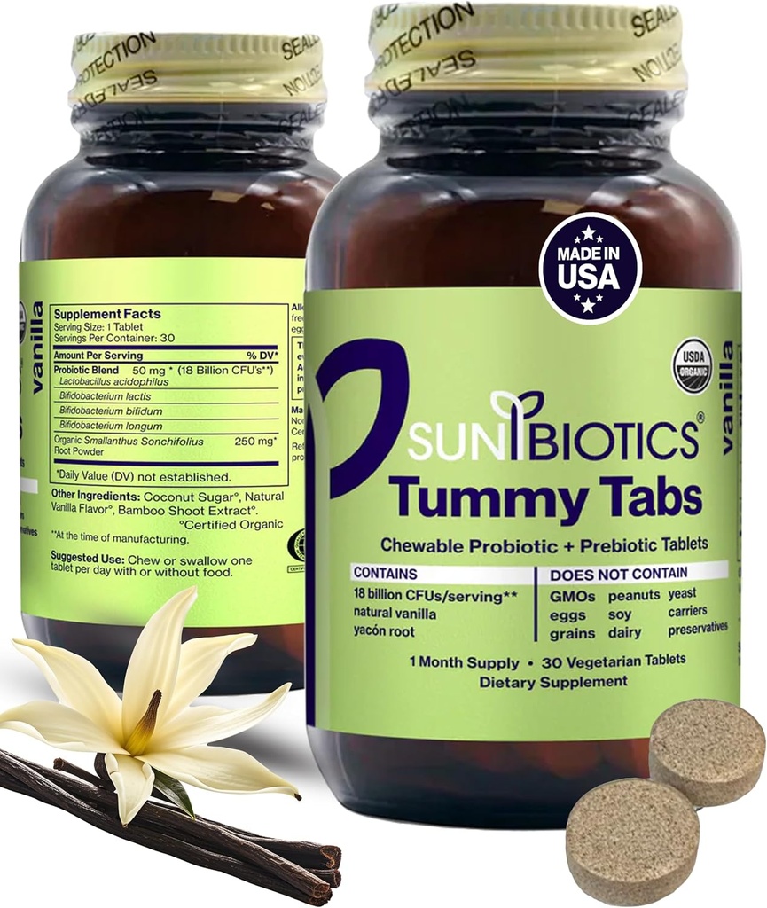 SUNBIOTICS Tummy Tabs - グッドグットフローラ、免疫システム、バランスの取れたマイクロビオ - バニラ、(パッケージ1)