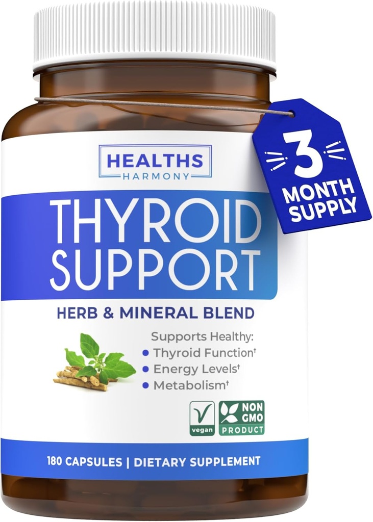 Thyroid Support with Iodine - 180 Capsules (Non-GMO) Improve Your Energy - Ashwagandha Root, Zinc, Selenium, Vitamin B12 Complex - Thyroid Health Supplement for Women and for Men - 90 Day Supply