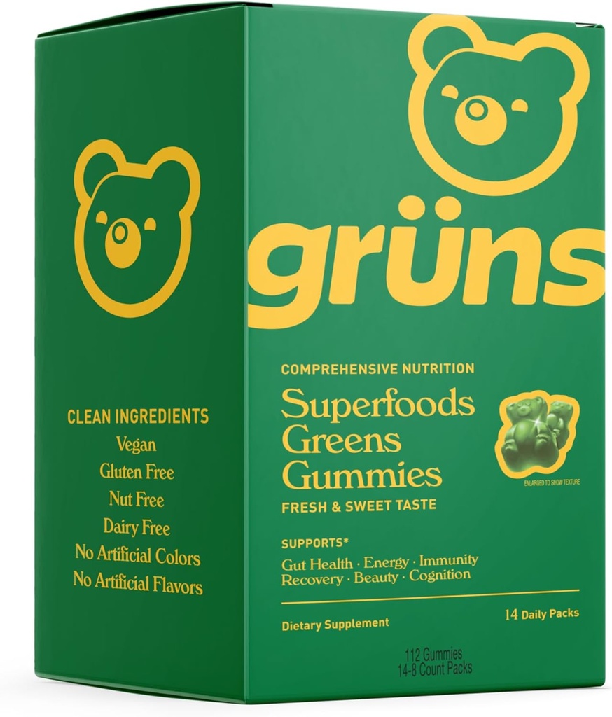 Gruns Super Greens Gummy Bears - 有機スピルリナとクロレラ、消化の健康のためのプレバイオティクス、20 +ビタミンとミネラル - 14のサッシ - 112 グミ