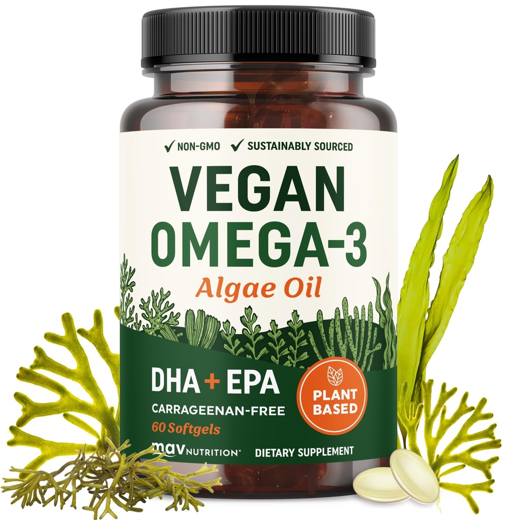 ビーガンオメガ3藻油 | プラントベースDHA EPA | 持続的に供給される、カラギーナン、非GMO | ハート、脳、眼の健康 | 魚油代替品 | 藻オメガ3サプリメント | 60ソフトカプセル