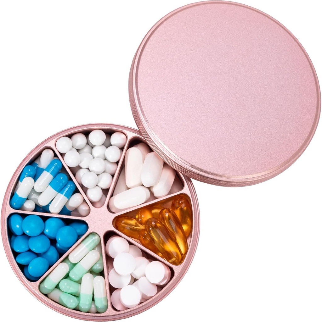 Metal Pill Organizer 7 Compartments Pill Dispenser - Heavy Duty Pill Box Waterproof Pill Container Large Daily Pill Case Medicine Holder for Medication Vitamins Fish Oils Supplements, 0.39lb (Pink)