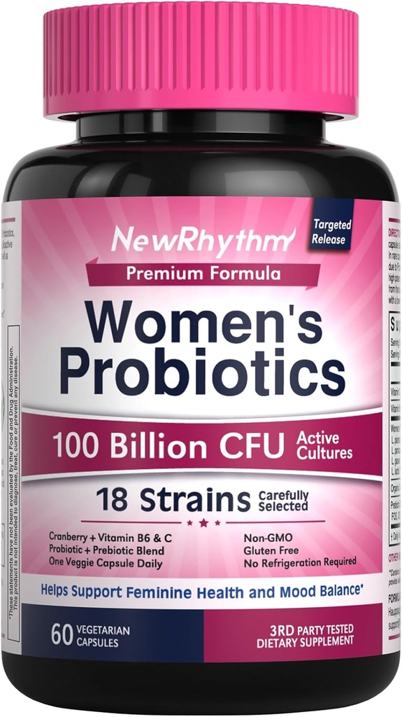 女性のためのNewRhythm Probiotics、P-5-P、ビタミンC及び有機クランベリー、100の鋼片CFU 18の緊張、消化器の健康及びPHのバランス、60のカプセル、酪農場のためのPrebiotics及び腟のプロバイオティクス