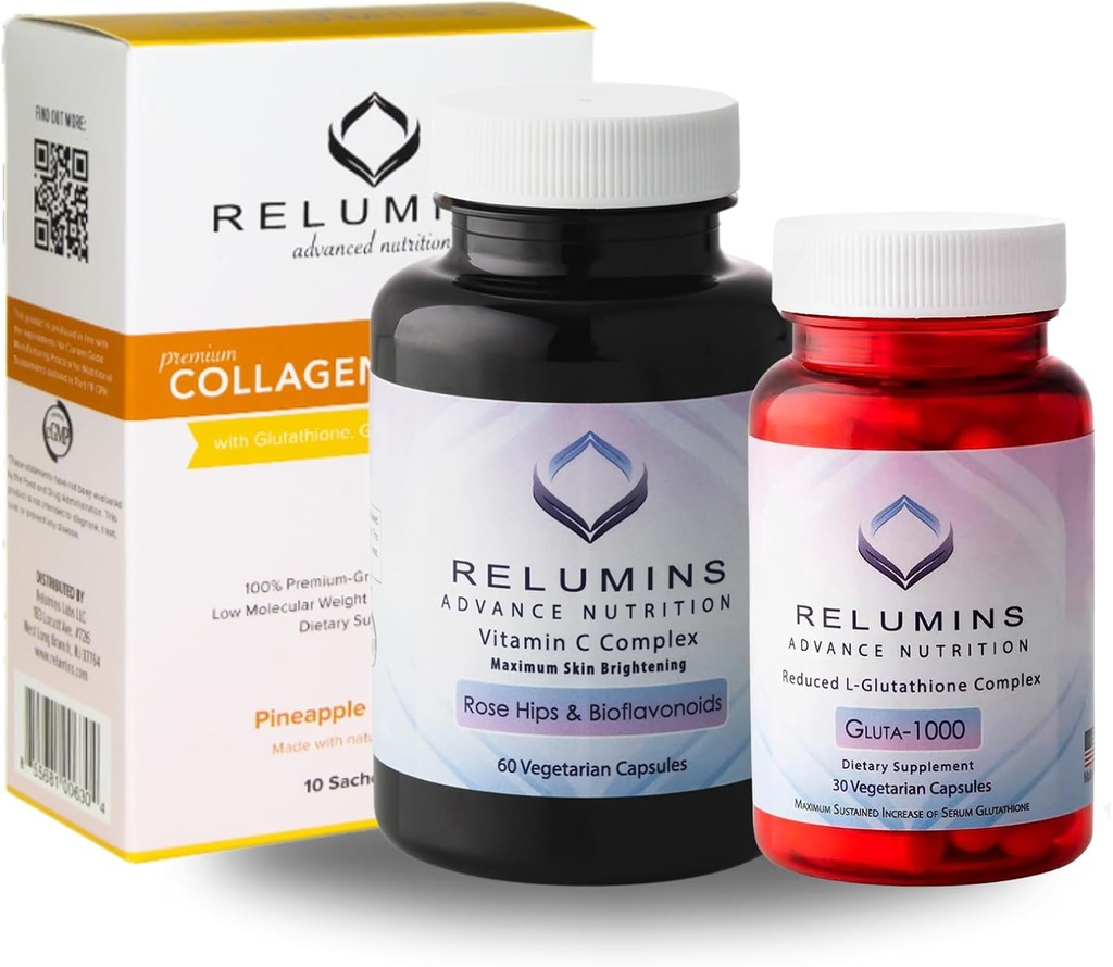 Relumins Premium Summer Glow Set - コラーゲンパイナップル、グルタチオン1000mg&ビタミンC - 皮膚の健康と全体的なウェルネスのための抗酸化サポート - 3-in-1ビューティ&ウェルネスキット