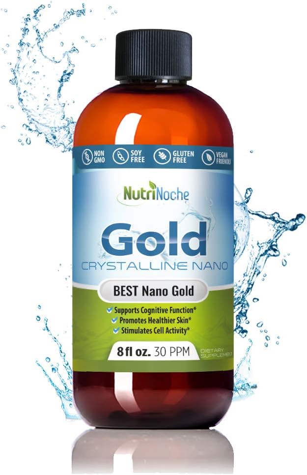 Colloidal Gold Liquid Organic Supplement by Nutrinoche - 100% Pure Nano Gold Mineral - Supports Mental Clarity, Focus & Relaxation - 8 oz Bottle - Vegan, Gluten-Free - Crystalline - 30 ppm