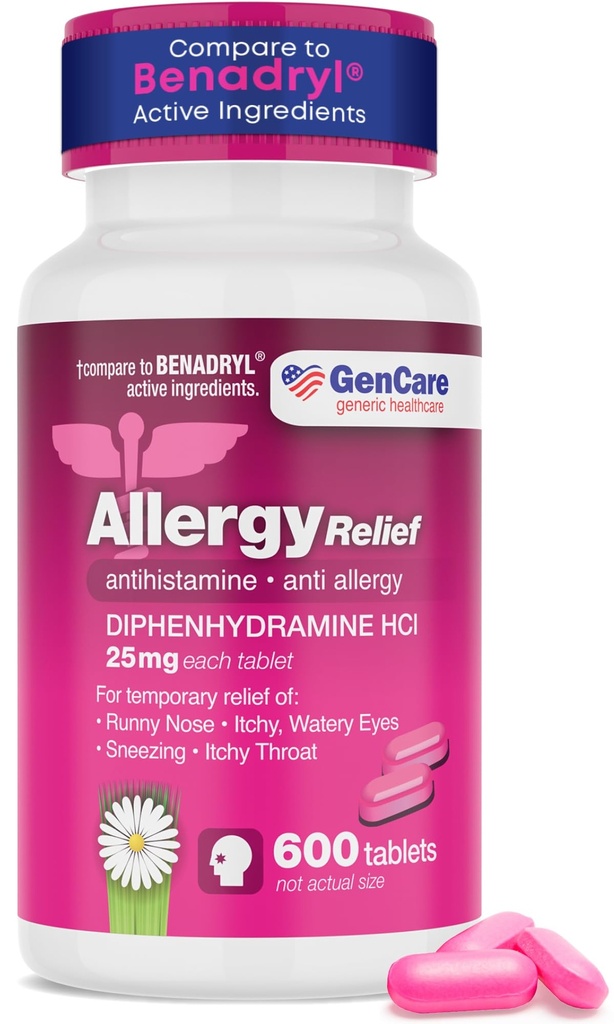 GenCare - アレルギー救済薬 | 抗ヒスタミンジフェナヒアミン25mg(600錠/瓶) バリューパック | かゆみの目、くしゃみ、鼻の鼻 | 季節的または屋内および屋外のアレルギーのためのリーブ