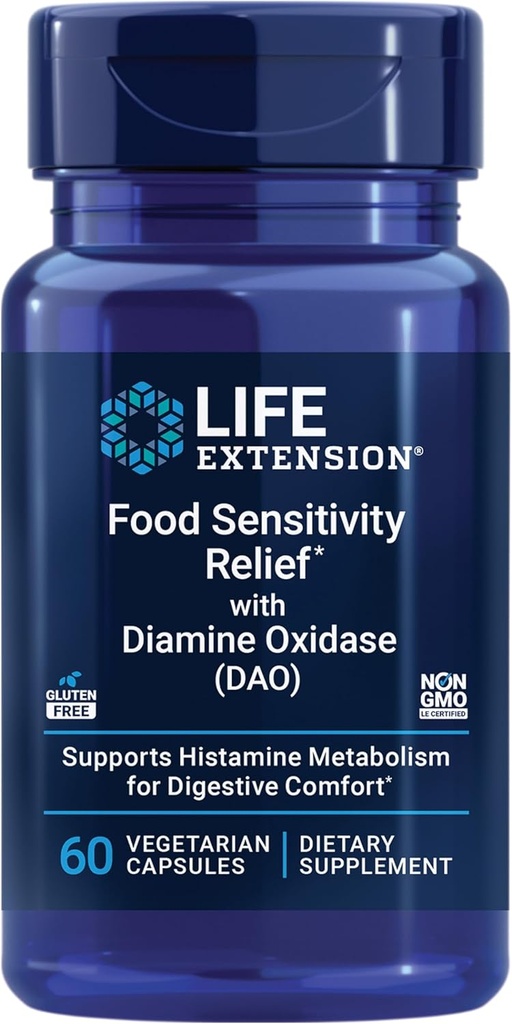 Life Extension Food Sensitivity Relief with Diamine Oxidase (DAO), Occasional Gas, Digestive Comfort, histamine Sensitivity, DAO Enzyme Supplement, Gluten Free, Non-GMO, Vegetarian, 60 Capsules