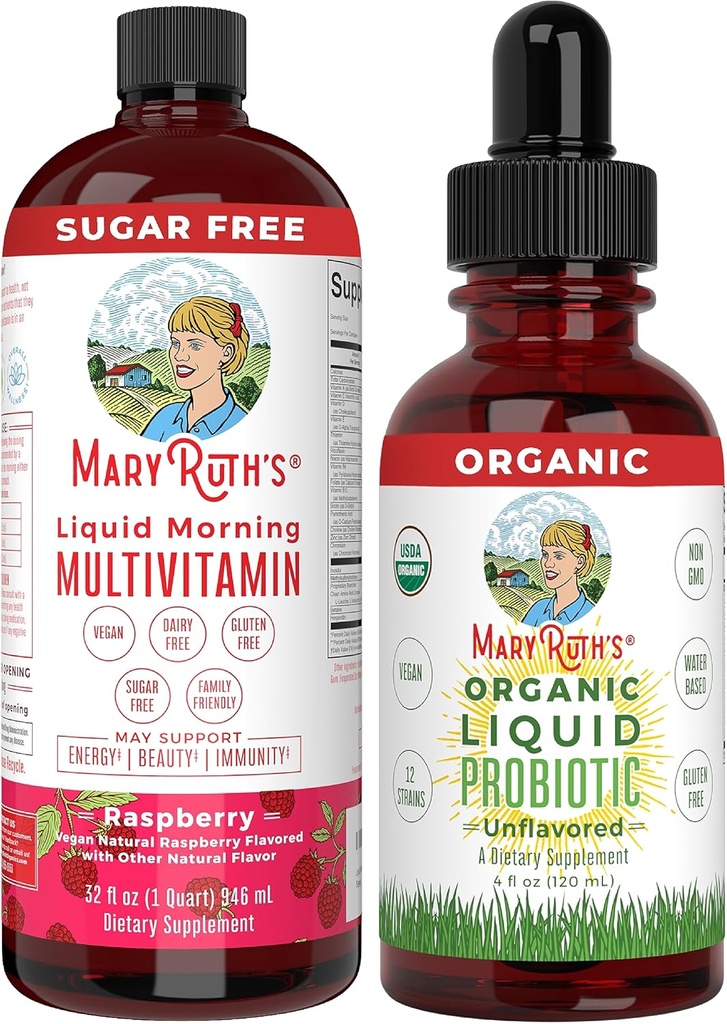 MaryRuth Organics Liquid Multivitamin Raspberry & Liquid Probiotic 4oz Bundle | ビーガンビタミンA、B、C、D3、E&アミノ酸 | 免疫、消化、フォーカス&エネルギーサポート | ガット健康サプリメント