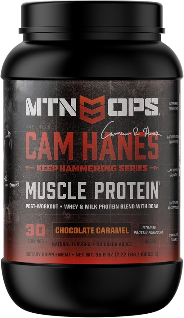 MTN OPS Cameron HanesはWheyの蛋白質の粉、チョコレートCaramelの味、30のサービングを槌で打ちます