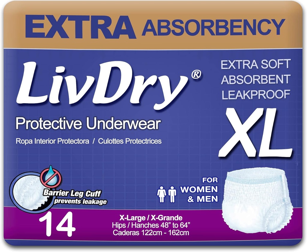 LivDry大人のXLの着目、余分吸収性の大人のおむつ、漏出保護、X-Large、14-Pack