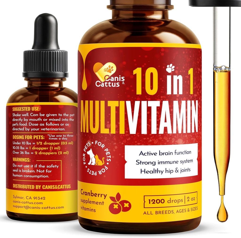 犬と猫のためのカンイス&カタツムリ10イン-1マルチビタミン - 毎日のグルコサミン、ビタミンB、C&D3サポート - クランベリー&MSMと液体サプリメント - 2オンス