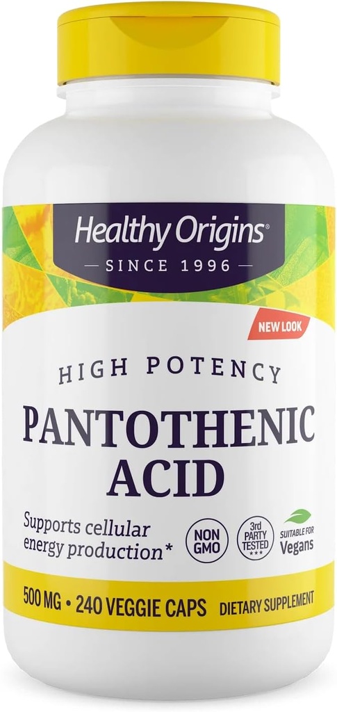 Healthy Origins Premium Vitamin B5 Pantothenic Acid 500 mg Vegan Capsules, High Strength, Energy Boost and Metabolism Support, Tiredness & Fatigue, Acne Supplement for Skin Care, White, 240 Count