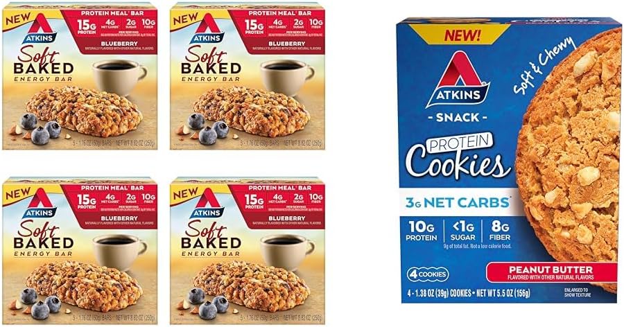 Atkins Soft Baked Energy Bars, Blueberry, 15g Protein,2g Sugar, Excellent Source & Peanut Butter Protein Cookie, Protein Dessert, Rich in Fiber, 3g Net Carb, 1g Sugar