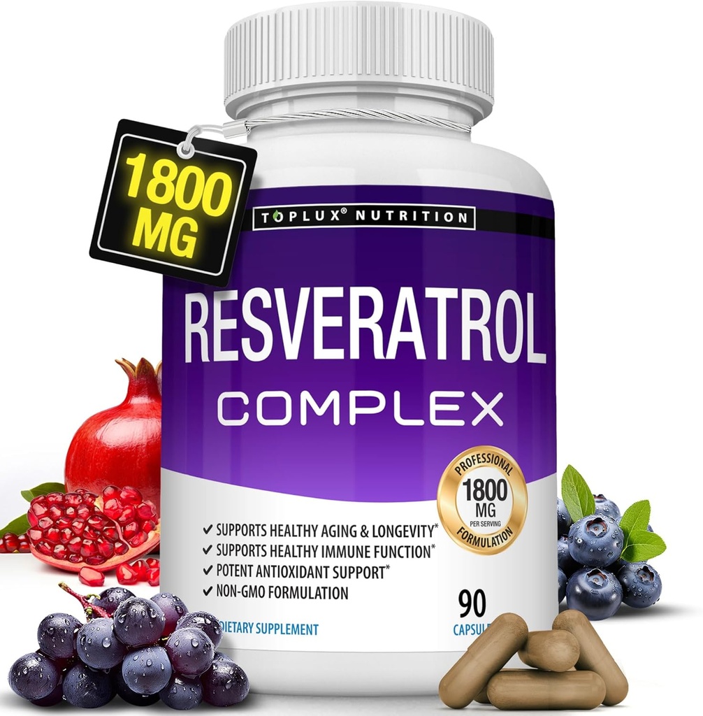 Resveratrol の補足 1800 の mg の酸化防止コンプレックス-健康な老化、全面的な健康サポート、免疫システム、男性女性のための頭脳機能、90 のカプセルのための強力な自然なトランスレスベラトロールの丸薬