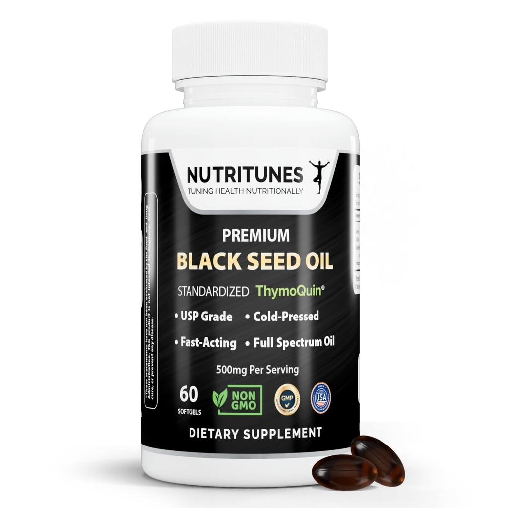 ブラックシードオイル3% Thymoquinone標準化 – 臨床的にスタッド, USPグレード, 冷間プレスニゲラサティバティモキン, 非GMO – 60 Softgels